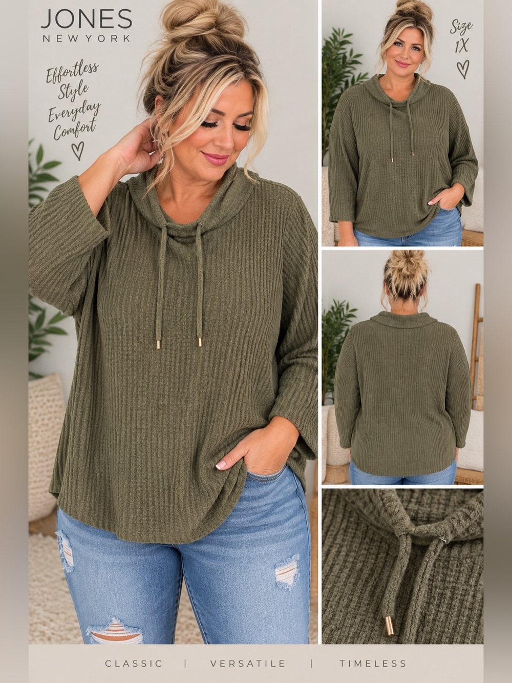 Jones New York Signature Olive Waffle Knit Cowl Neck Pullover – Size 1X